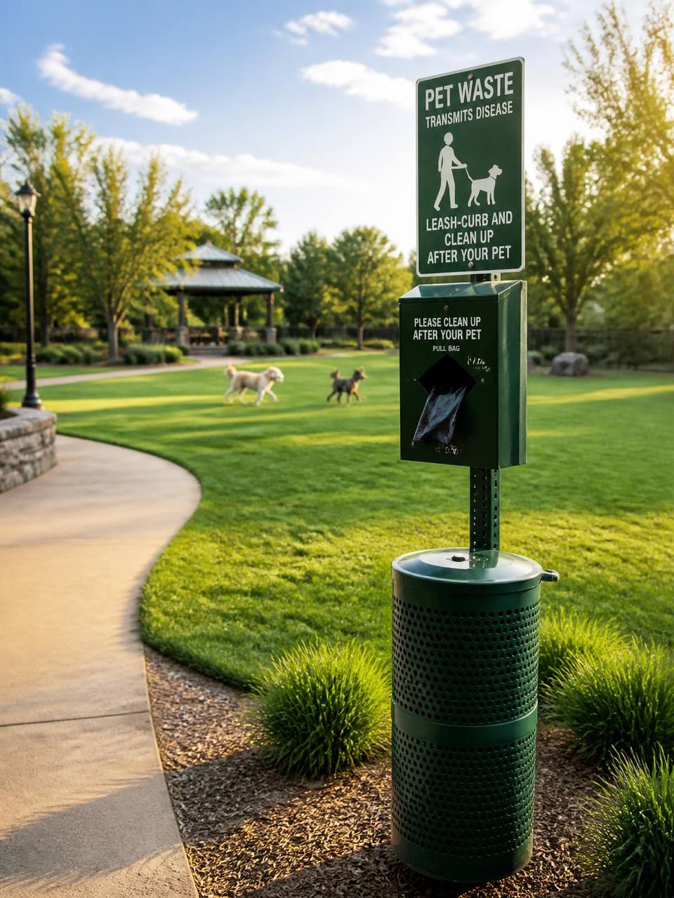 Clean dog park with pet waste station